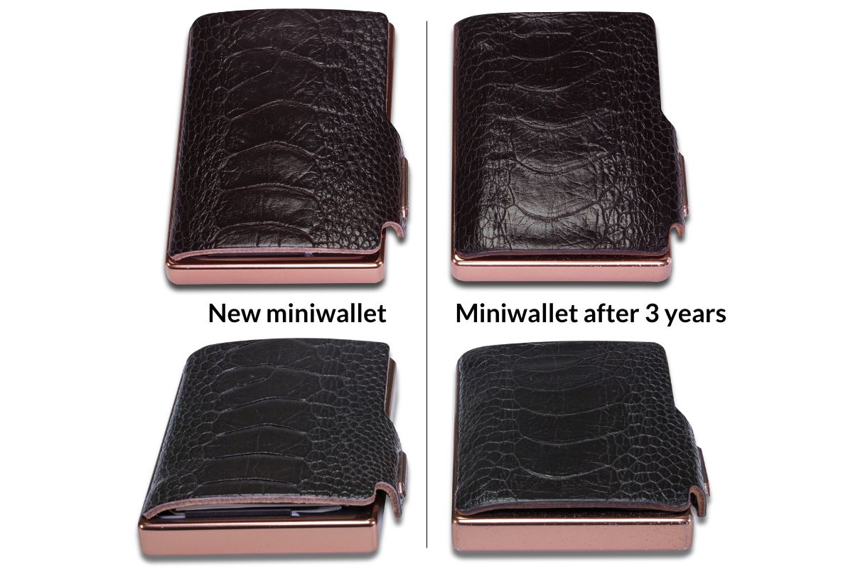 Comparison between a new mini wallet and one after 3 years of use